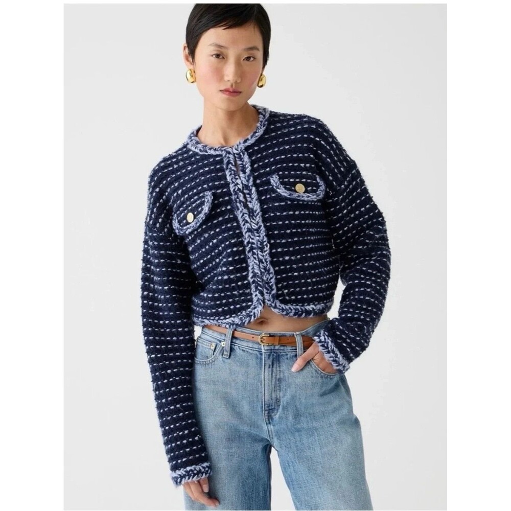 J.Crew Cropped Lady Jacket in Marled Yarn Drop Shoulder Blue Size Medium